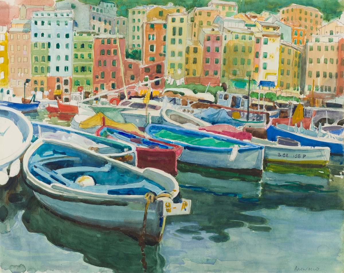 ALBERTO MORROCCO R.S.A., R.S.W., R.P., R.G.I., L.L.D (SCOTTISH 1917-1999) THE HARBOUR AT CAMOGLI